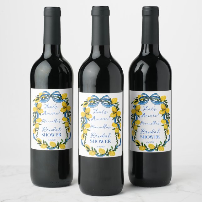 Lemons blue bow ribbon bridal shower monogrammed wine label (Bottles)