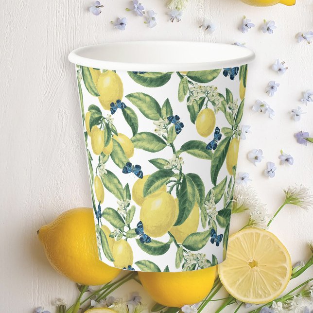 Lemons Blue Butterflies Botanical Baby Shower Paper Cups (Creator Uploaded)