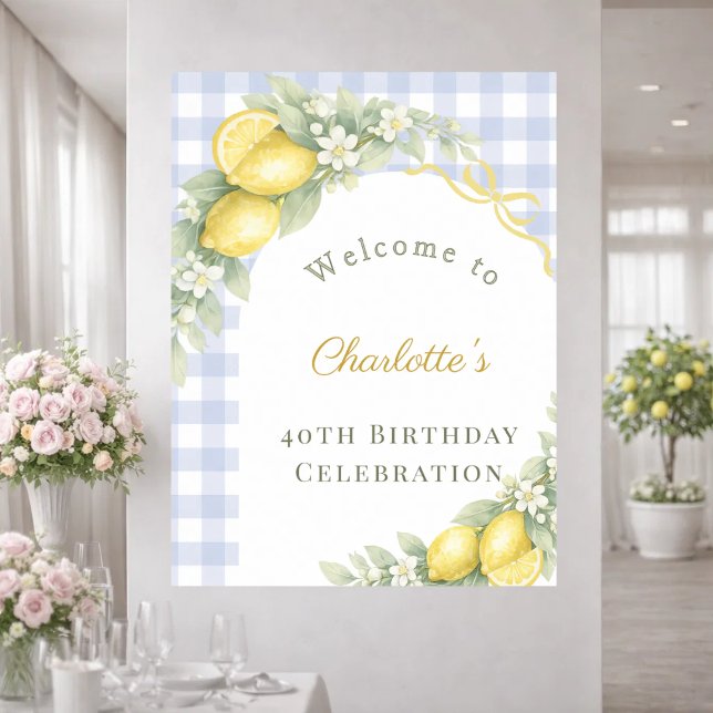 Lemons blue gingham bow garden birthday welcome poster (Creator Uploaded)