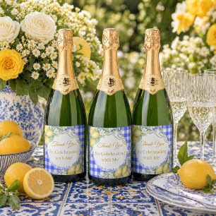Lemons blue gingham bow Italian Thank You Birthday Sparkling Wine Label