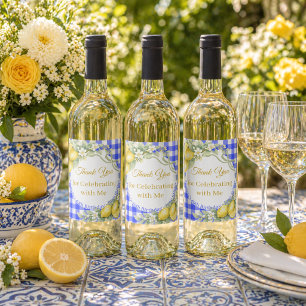 Lemons blue gingham bow Italian Thank You Birthday Wine Label
