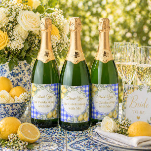 Lemons blue gingham garden Thank You Bridal Shower Sparkling Wine Label