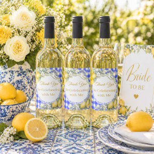 Lemons blue gingham garden Thank You Bridal Shower Wine Label