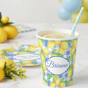 Lemons & Blue Gingham Personalised Glass Paper Cups