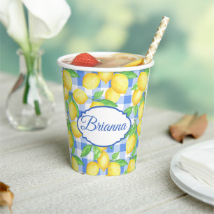Lemons & Blue Gingham Personalized Glass Paper Cups