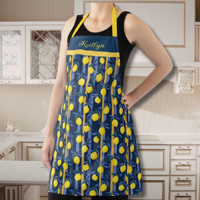 Lemons Blue Gold Stripe Mediterranean Pattern Apron (Creator Uploaded)