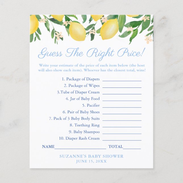Lemons Blue Guess The Right Price Baby Shower Game Flyer (Front)