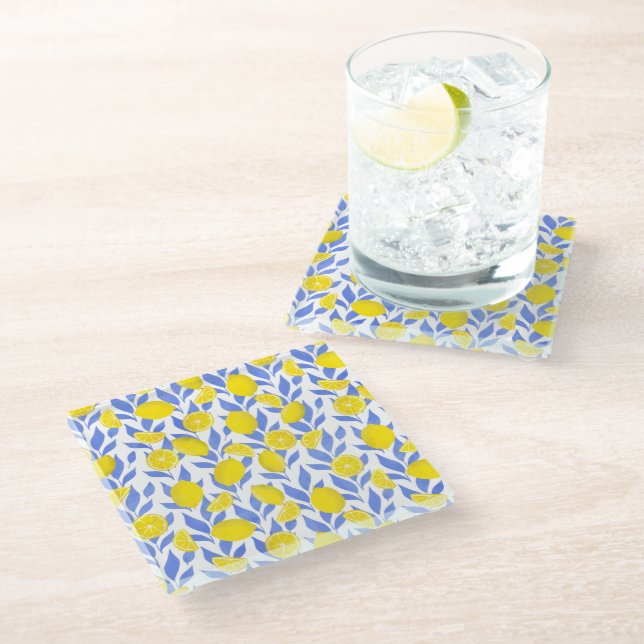 Lemons Blue Mediterranean Glass Coaster (Angled)