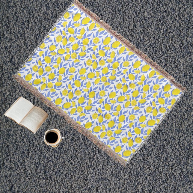 Lemons Blue Mediterranean Throw Blanket (Creator Uploaded)