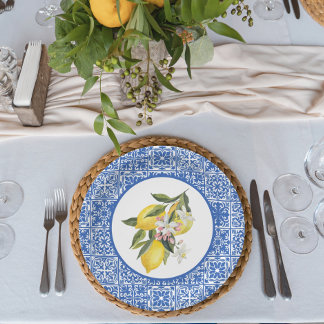 Lemons & Blue Mediterranean Tile Wedding Shower Paper Plate