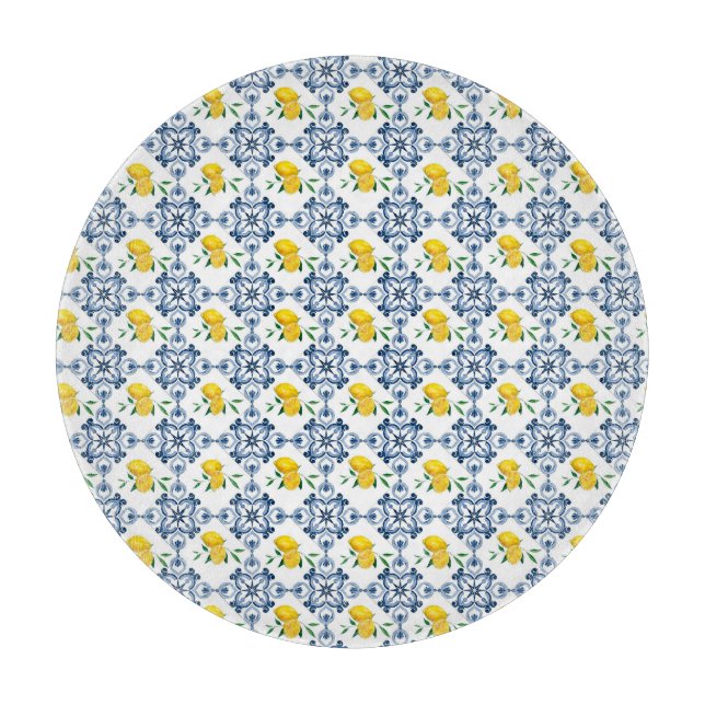 Lemons & Blue Moroccan Tile Pattern Cutting Board (Front)