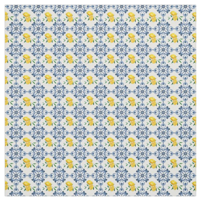 Lemons & Blue Moroccan Tile Pattern Fabric (Swatch)