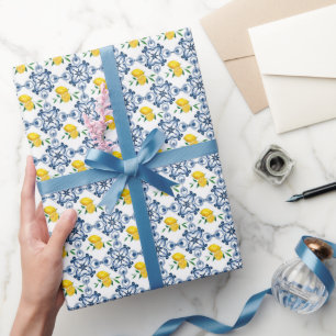 Lemons & Blue Moroccan Tile Pattern Wrapping Paper