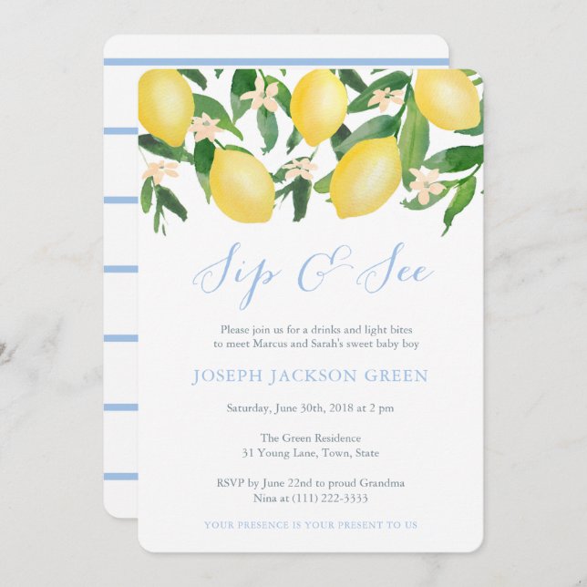 Lemons Blue Sip and See party; meet new baby boy Invitation (Front/Back)