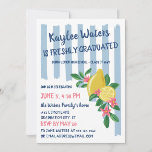 Lemons & Blue Stripes Freshly Graduated Party Invitation