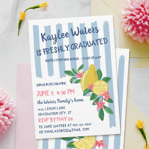 Lemons & Blue Stripes Freshly Graduated Party Invitation