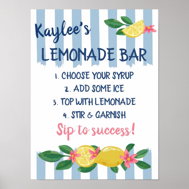 Lemons & Blue Stripes Graduation Lemonade Bar Poster (Front)