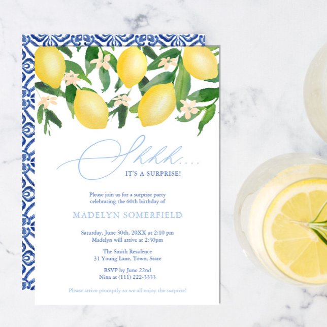 Lemons Blue Tiles Female Surprise Birthday Party Invitation (Creator Uploaded)