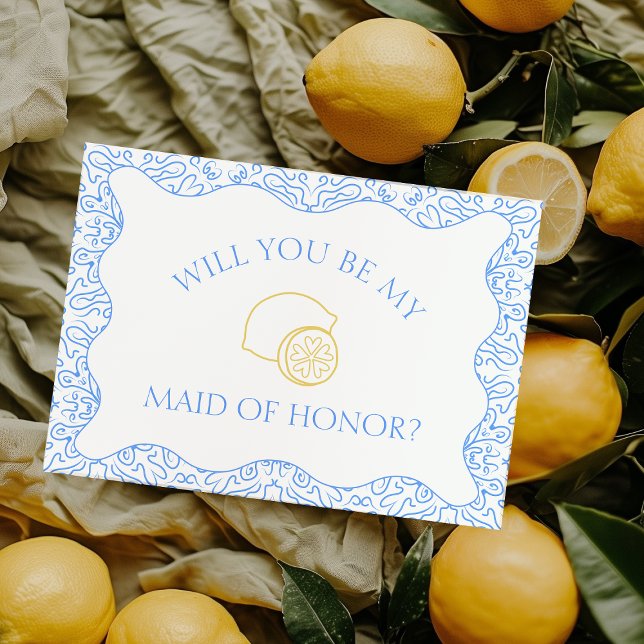 Lemons & Blue Tiles Italian Maid of Honour Proposa Card (Personalize this lemon-themed maid of honor card for your Italian-inspired destination wedding.)