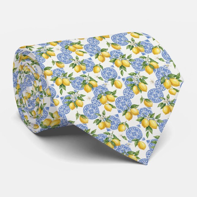 Lemons Blue White Tile Mediterranean Wedding Groom Tie (Rolled)