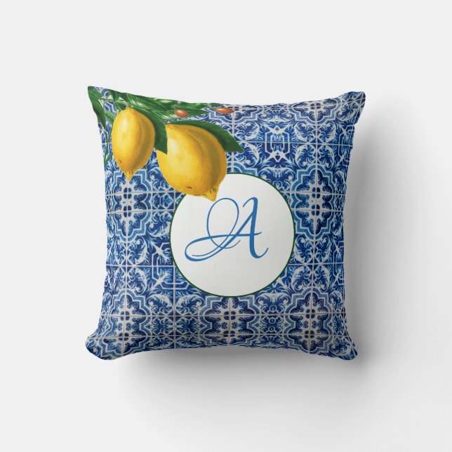 Lemons Blue White Tile Summer Monogram Cushion (Front)