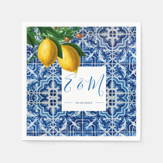 Lemons Blue White Tile  Summer Monogram Napkin (Front)