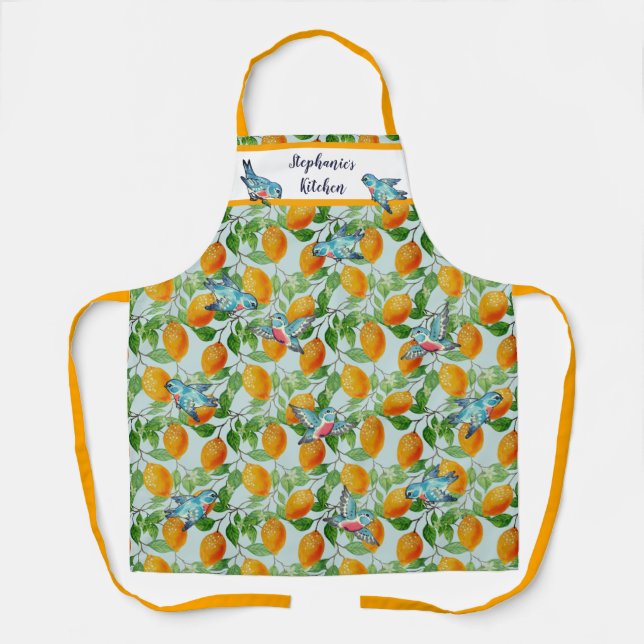 Lemons & Bluebirds Vintage Pattern Custom Blue Apron (Front)