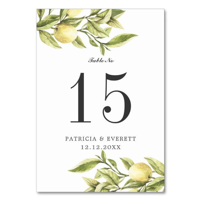 Lemons boho WEDDING Personalised Table Number (Front)