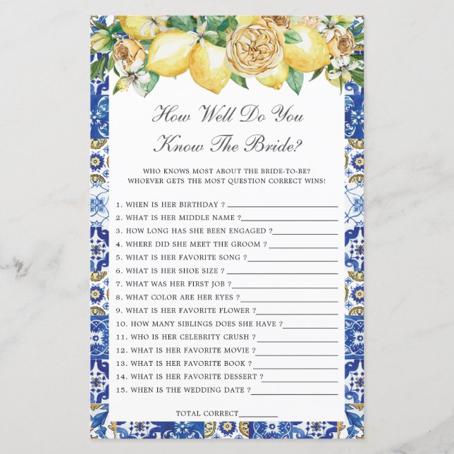 Lemons Bridal How Well Do You Know the Bride Game (Front)