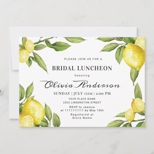 Lemons Chic Greenery  Watercolor Bridal Luncheon Invitation (Front)