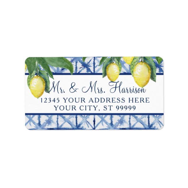 Lemons Citrus Foliage Blue White Yellow Wedding Label (Front)