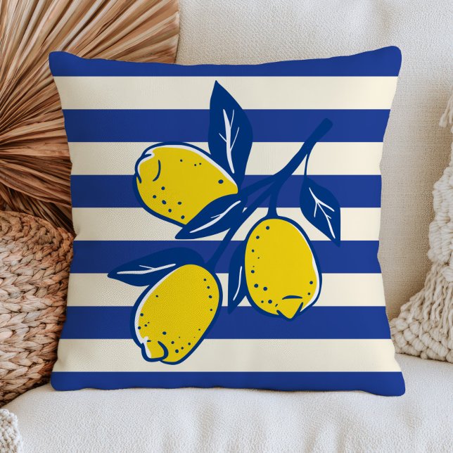 Lemons Citrus Fruit Blue Stripes Mediterranean Cushion (Creator Uploaded)