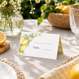 Lemons citrus yellow gingham garden party place card