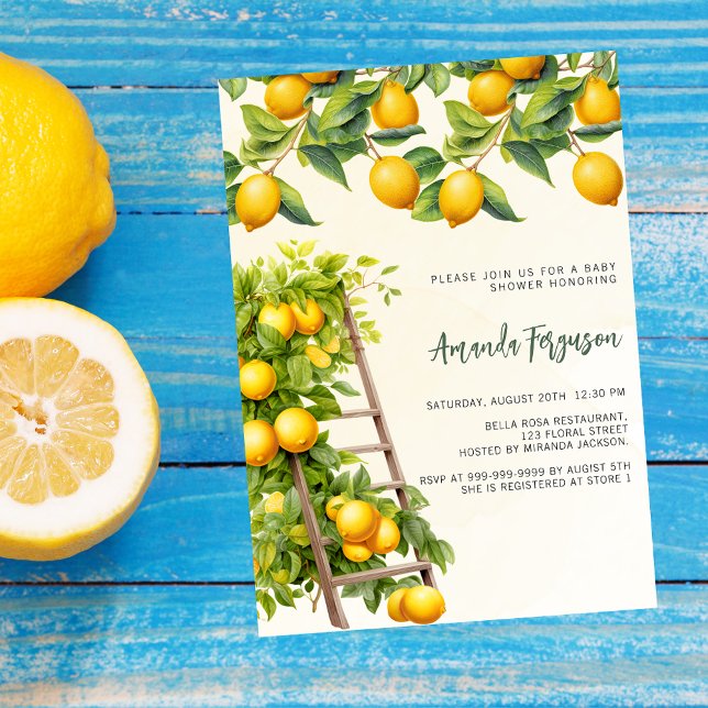 Lemons citrus yellow watercolored baby shower invitation (Creator Uploaded)