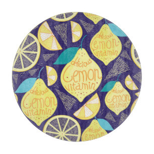 Lemons Cloves: Dark Blue Bright Pattern Cutting Board
