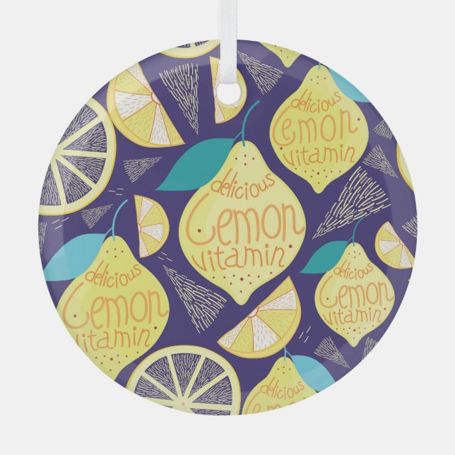 Lemons Cloves: Dark Blue Bright Pattern Glass Tree Decoration (Front)