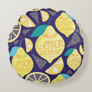 Lemons Cloves: Dark Blue Bright Pattern Round Cushion