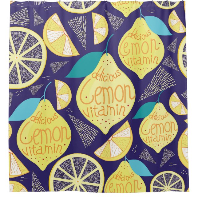 Lemons Cloves: Dark Blue Bright Pattern Shower Curtain (Front)