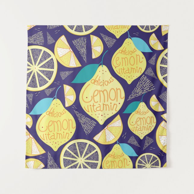 Lemons Cloves: Dark Blue Bright Pattern Tapestry (Front)