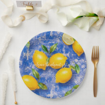 Lemons Dancing on Blue Antique Tiles