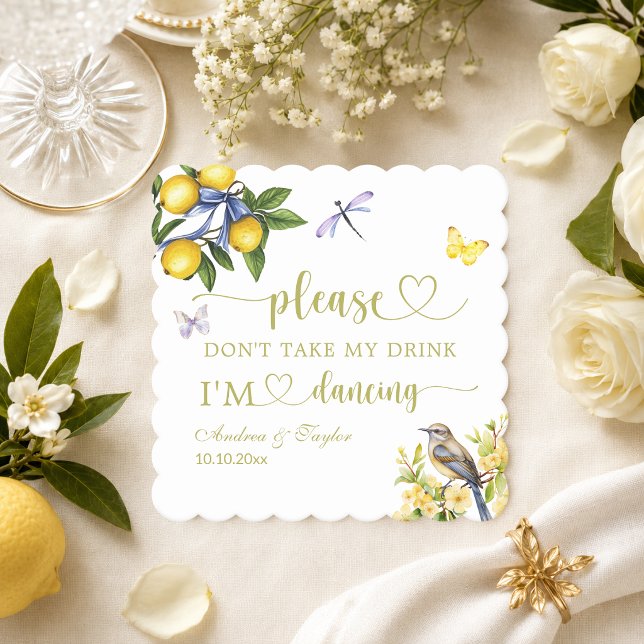 Lemons Drangonfly Don't Take My Drink Wedding Paper Coaster (Creator Uploaded)