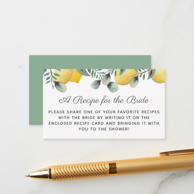Lemons & Eucalyptus Bridal Shower Recipe Request Enclosure Card (Front/Back In Situ)