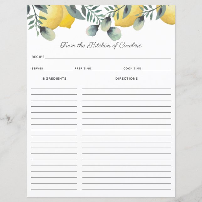 Lemons & Eucalyptus Recipe Card Binder Insert (Front)