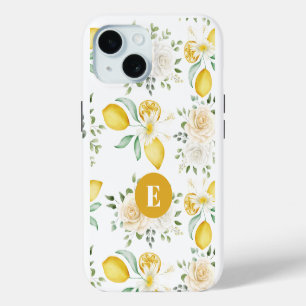lemons Eucalyptus Soft Blush Roses Monogram iPhone 15 Case