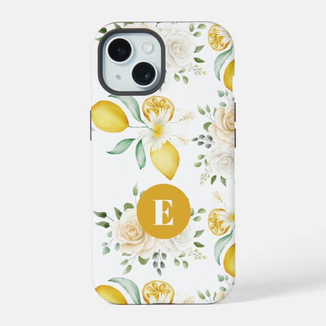  lemons Eucalyptus Soft Blush Roses Monogram iPhone 15 Case (Back)