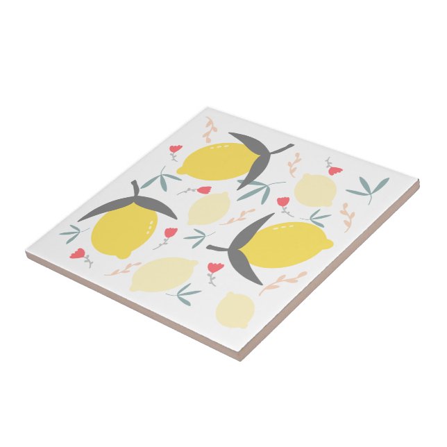 Lemons Floral Botanical Red Flowers Leaves Pattern Tile (Side)