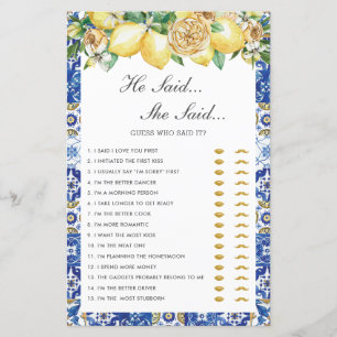 Lemons Floral Bridal Shower He Said She Said Game