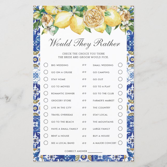 Lemons Floral Bridal Shower Would They Rather Game (Front)
