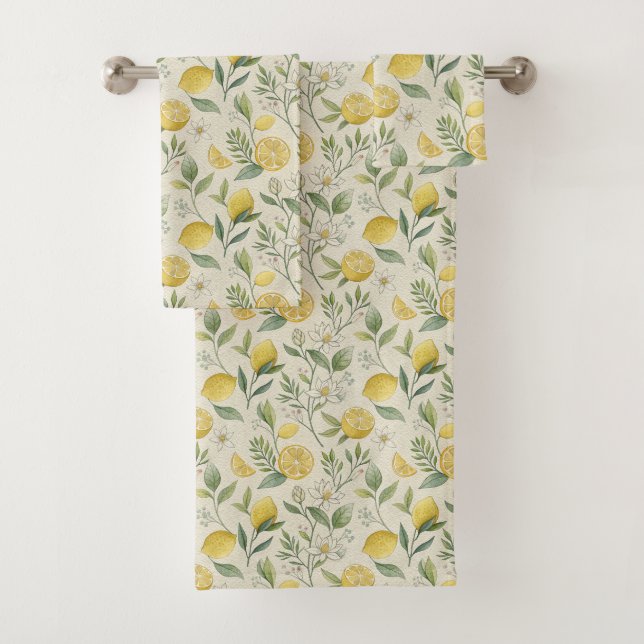 Lemons & Flowers Pattern Bath Towel Set (Insitu)