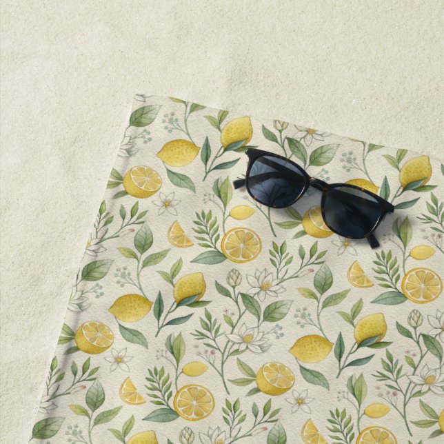 Lemons & Flowers Pattern Beach Towel (In Situ)